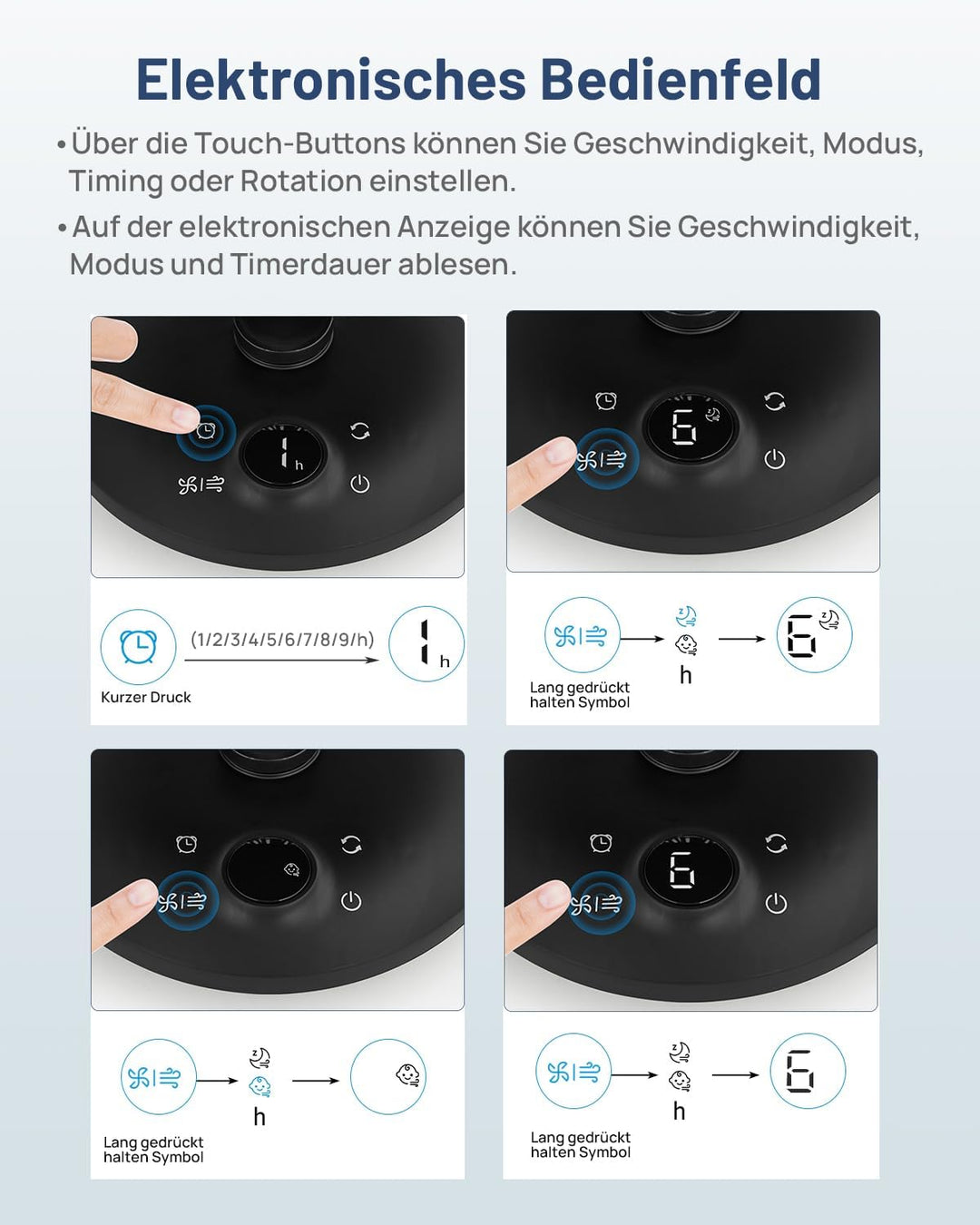 WOWDSGN Ventilator Leise 22dB Mit 6 Stufen & Display - 9-Stunden-Timer, Leistungsstarker 3D Turbo-Lu