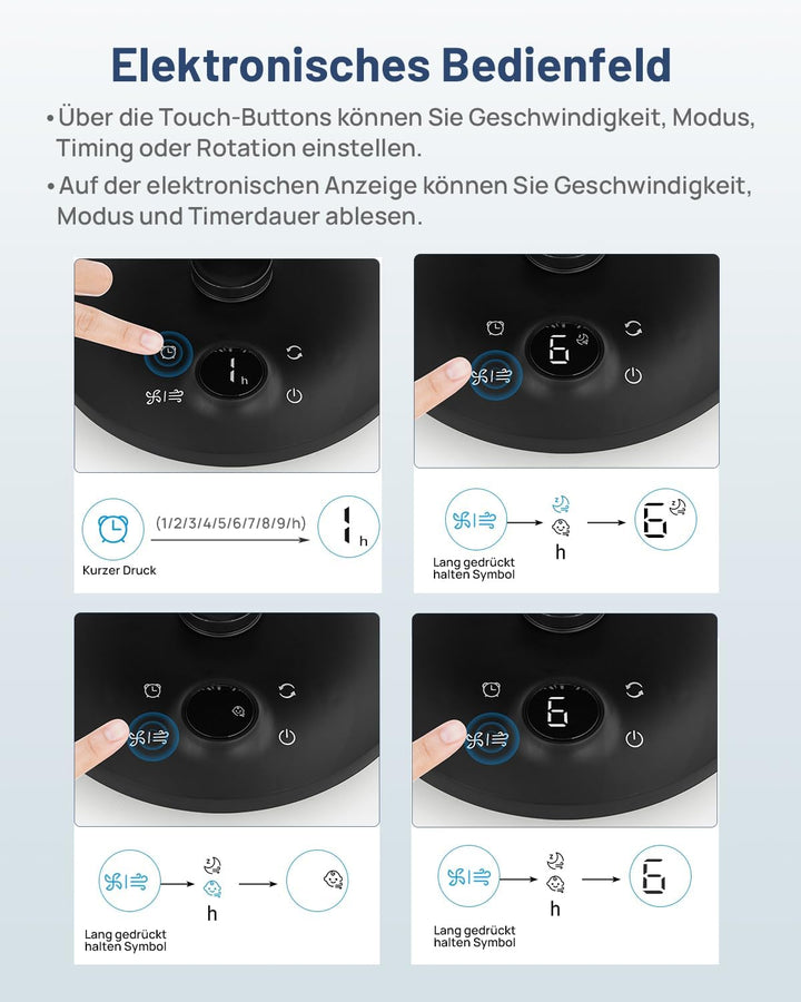 WOWDSGN Ventilator Leise 22dB Mit 6 Stufen & Display - 9-Stunden-Timer, Leistungsstarker 3D Turbo-Lu