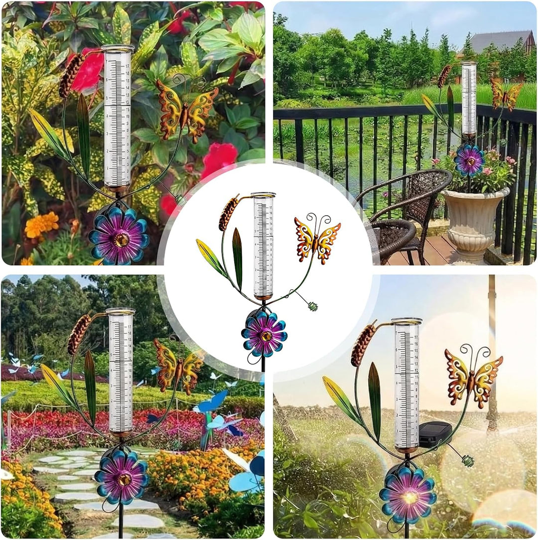 HOSPAOP Solar Regenmesser für Garten mit Erdspiess und LED, Niederschlagsmesser Frostsicher Glas für