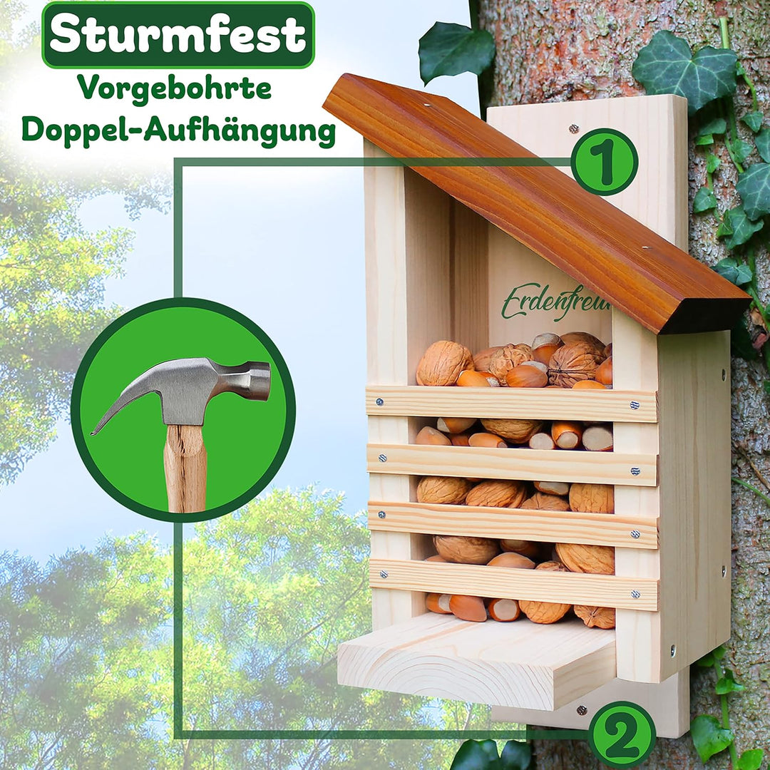 ERDENFREUND® Eichhörnchen Futterhaus ohne scharfes Glas & Genickbruch-Klappe 100% sicher wetterfest