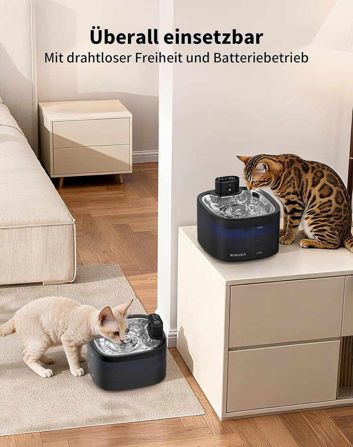 Katzenbrunnen kabellos 118oz/3,5L Drahtlos & Ultra-leise mit Sensor- und Zeitmodus,Edelstahlpalette,