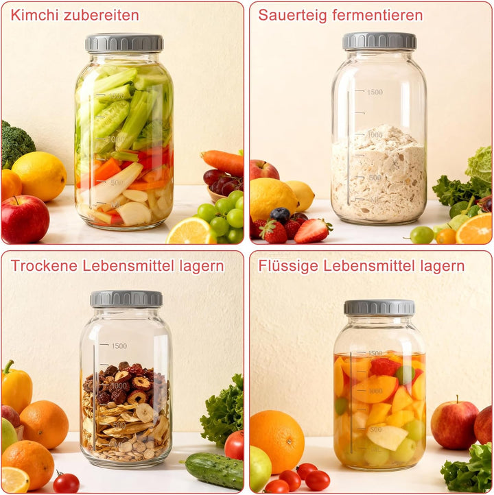 Fermentierglas 2 Stück 2L, Kimchi Behälter mit Luftschleuse, Fermentationsglas Breiter Mund Fermenti