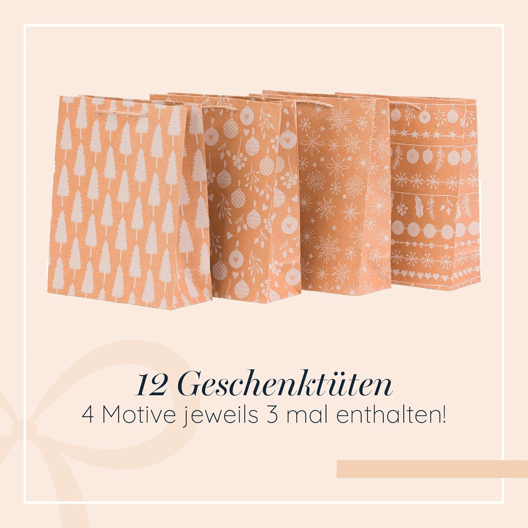100% Mosel Geschenktüten Weihnachten, in Natur/Weiss, 12 Stück (18 x 23 x 8 cm), Weihnachtstaschen a