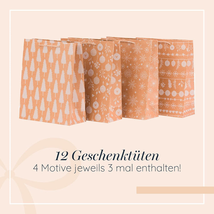 100% Mosel Geschenktüten Weihnachten, in Natur/Weiss, 12 Stück (18 x 23 x 8 cm), Weihnachtstaschen a