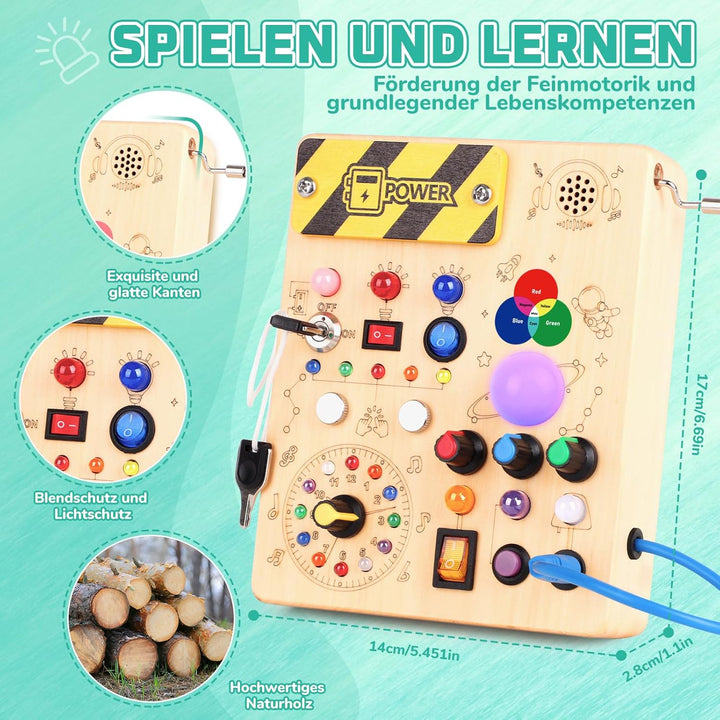 Konijiwa Montessori Busy Board Spielzeug ab 1 Jahr Activity Board Holzspielzeug mit 12 Schalter 24 L