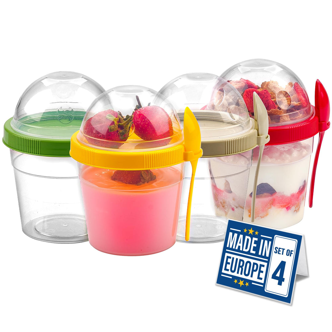 CRYSTALIA Joghurt Becher to Go mit Deckel Set 4 500ml 100% BPA FREI Müslibecher to Go, Porridge To G