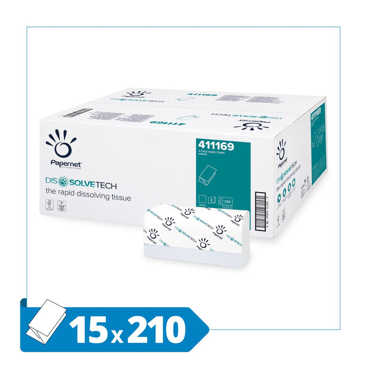 Papernet DissolveTech 411169 V-Falz Papierhandtuch, 2-lagig schnell lösliche Papierhandtücher, weiss