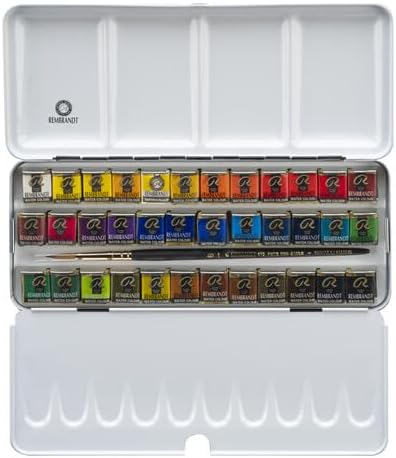 Rembrandt Watercolour Box estuche de metal 36 medias pastillas + 1 pincel selección general de color