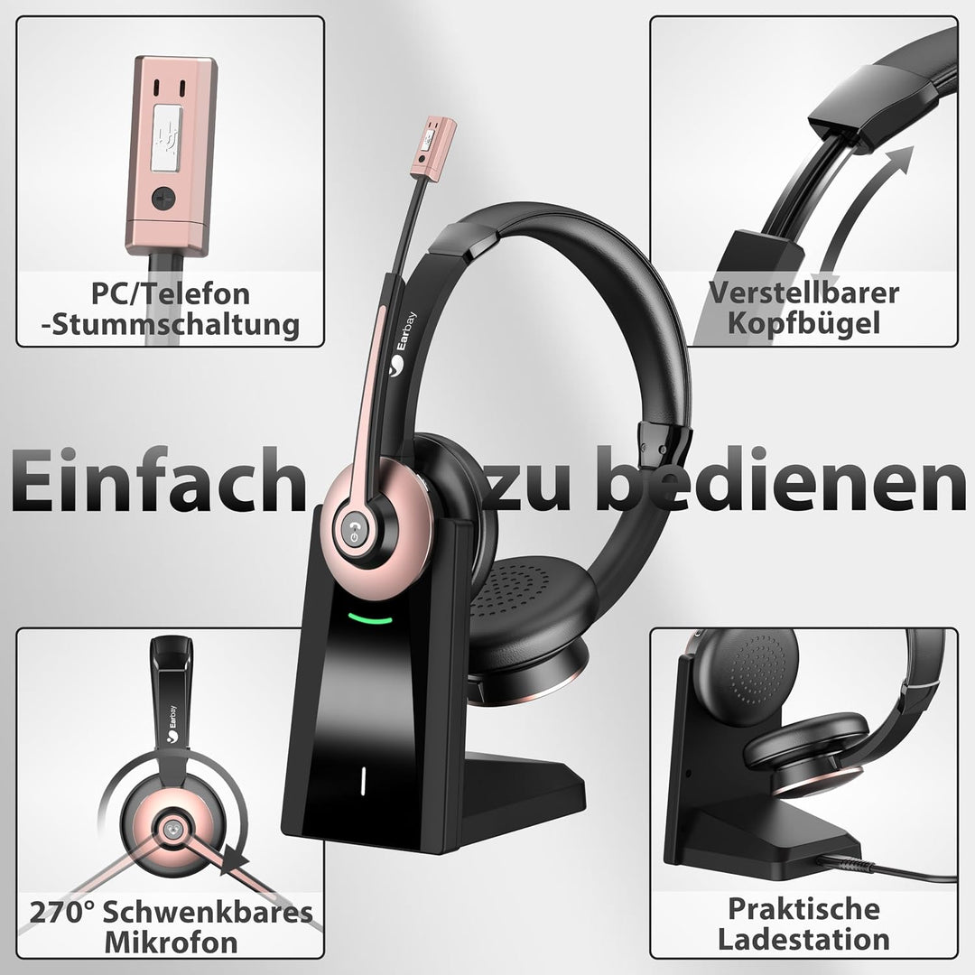 Earbay Kabelloses Headset, Bluetooth-Headset mit Mikrofon und Rauschunterdrückung &amp; USB-Dongle, Kabe