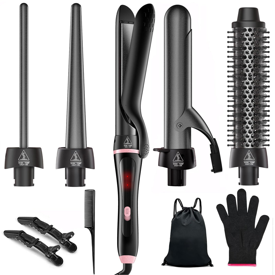 5 in 1 Lockenstab mit Thermo-Rundbürste und austauschbaren Keramik-Barrels (0.35"-1.25''),Lockenstab