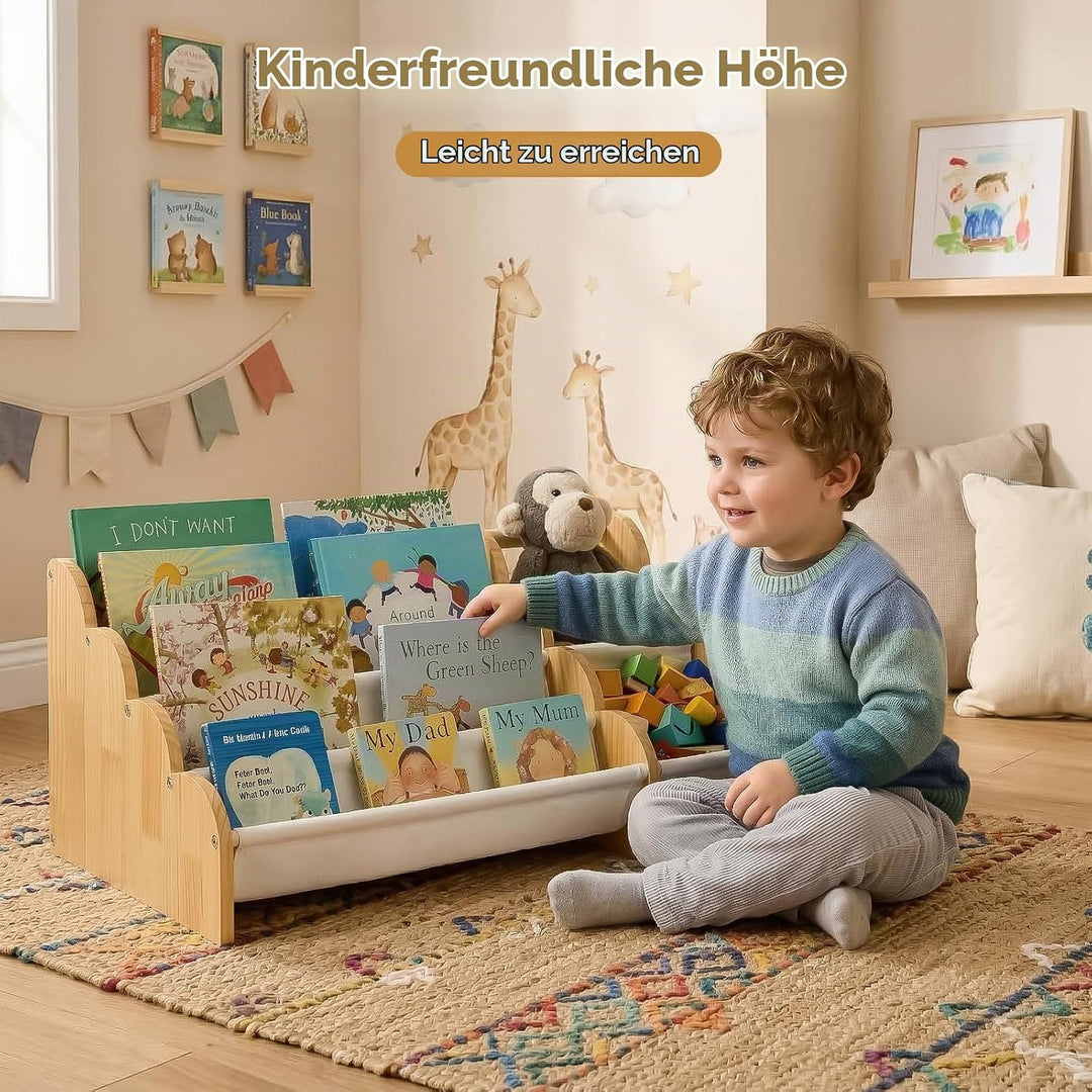 Puricon 4-stufiges Kinderbücherregal mit Spielzeugablage, Montessori-Inspired Frontal-Sling-Buchrega