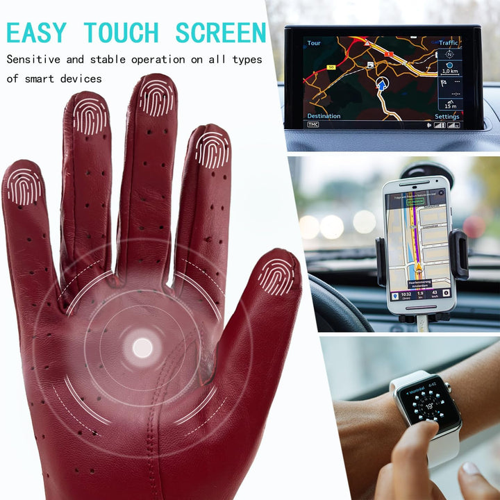 ZLUXURQ Damen Retro Weiche nd Dünne Lammfell Leder Touchscreen Fahrhandschuhe mit Maschige Medium(16