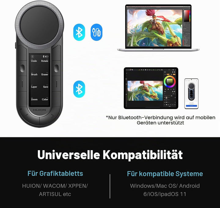 HUION Keydial Fernbedienung, programmierbare Bluetooth-Tastatur mit zwei Zifferblättern, 60 benutzer