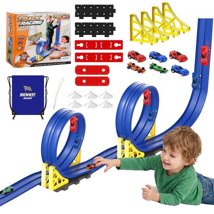 Flexible Rennbahn Kinder 5 m, Autorennbahn Kinder Doppel-Rennstrecke mit 6 Autos, Für 1/64 Autos, Sp