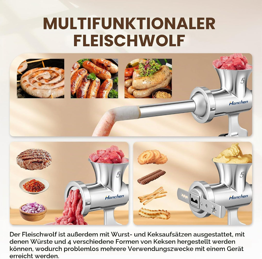 Hanchen Fleischwolf Manuell Edelstahl Nr.5 Fleischwölfe Spritzgebäck Hand Fleischwolf mit Wurstfülle