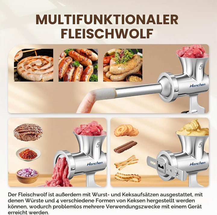 Hanchen Fleischwolf Manuell Edelstahl Nr.5 Fleischwölfe Spritzgebäck Hand Fleischwolf mit Wurstfülle