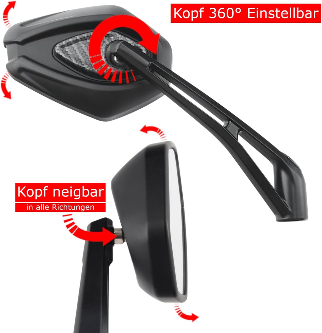 Area1 Universal Motorrad Rückspiegel Paar e-geprüft 2x M10 Rechtsgewinde + Linksgewindeadapter, komp