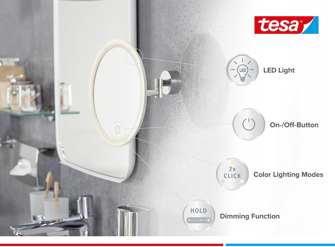 tesa VISIOON LED-Kosmetikspiegel - kabelloser Schminkspiegel mit dimmbarer Beleuchtung - Touch Contr
