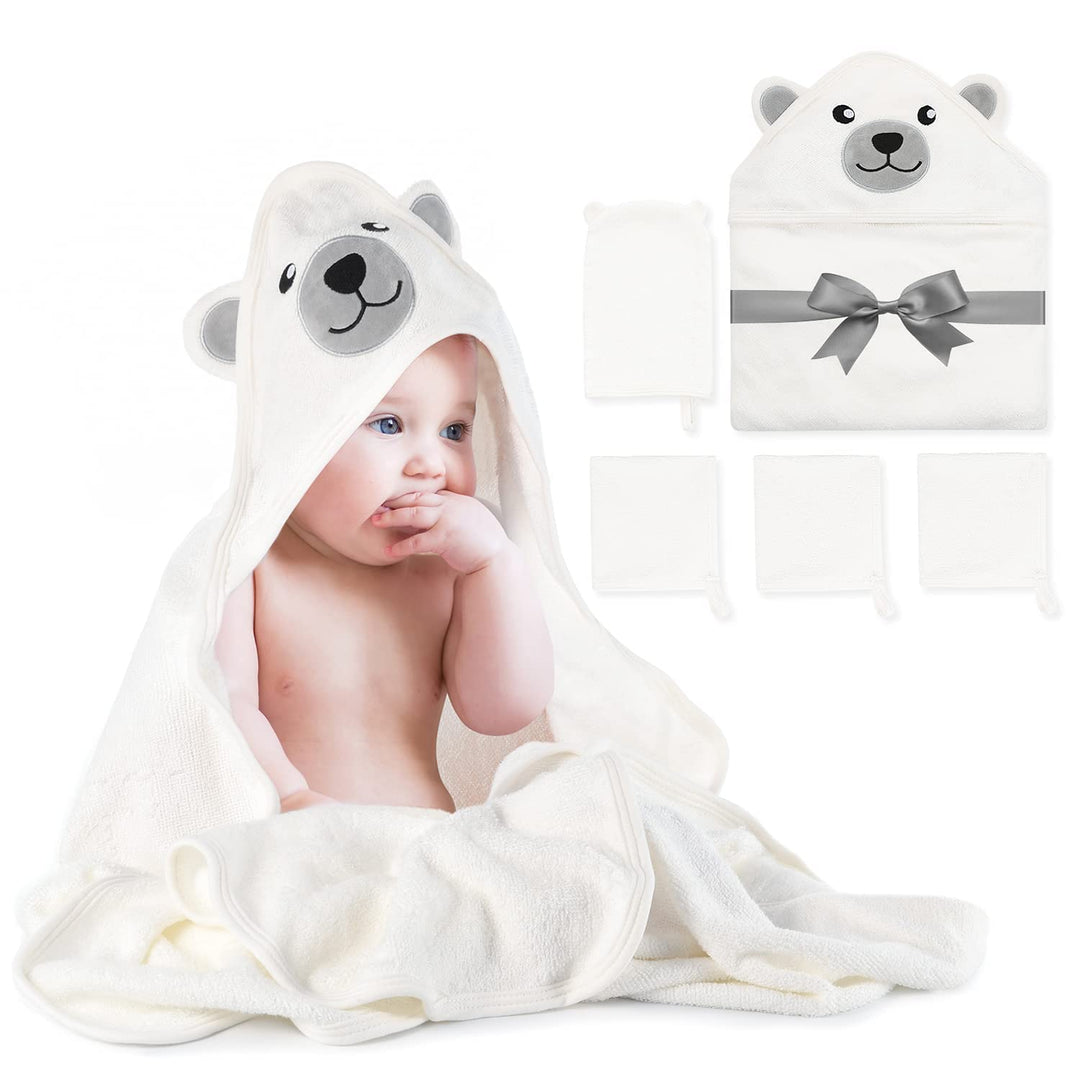Momcozy Bambus Baby Badetücher Set 5er Pack, Babyhandtuch mit Kapuze , Waschlappen 3 Stück, Baby Bad