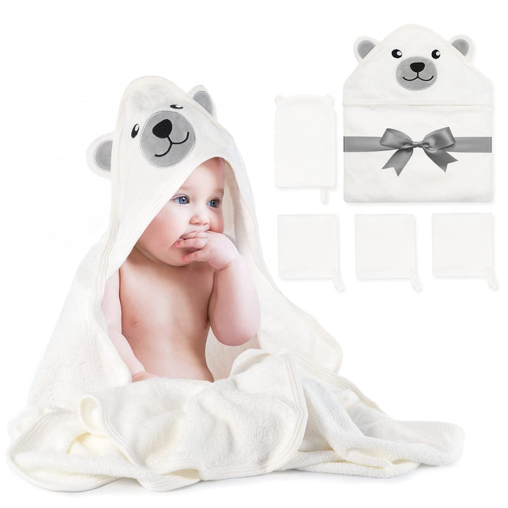 Momcozy Bambus Baby Badetücher Set 5er Pack, Babyhandtuch mit Kapuze , Waschlappen 3 Stück, Baby Bad