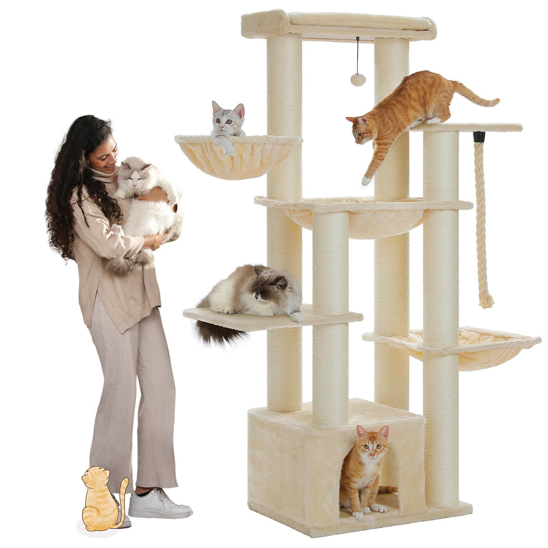 PAWZ Road Kratzbaum Grosse Katzen stabil mit Mehreren Ebenen, Hängematte, 13 Sisalpfosten(φ11cm), Gr