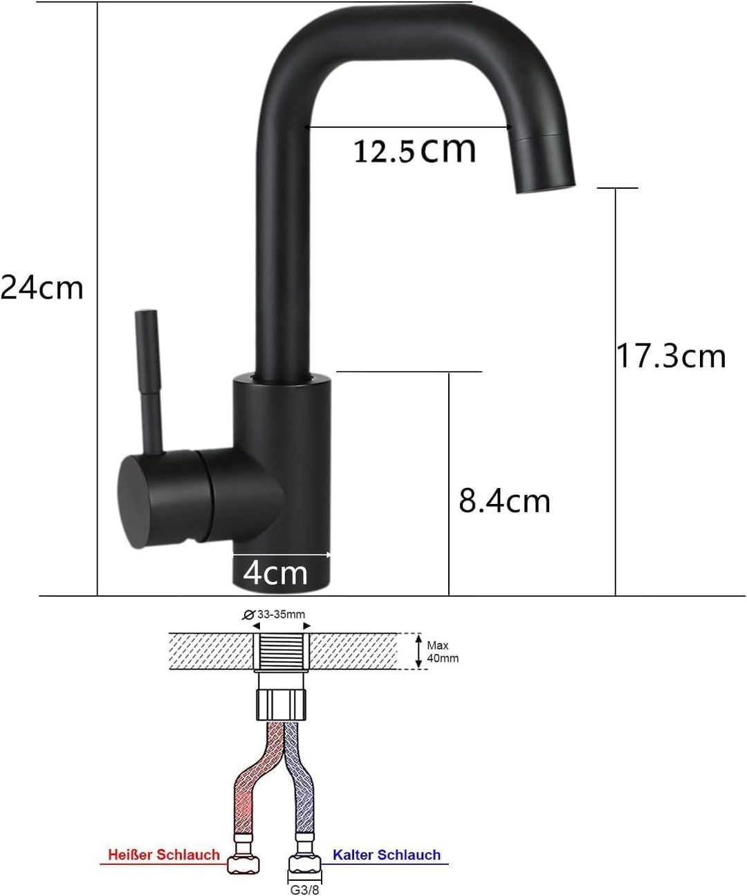 Wasserhahn Bad Waschtischarmatur Waschbecken - Schwarz Matt Armatur 360°Drehbar Kalt Warmwasserhahn