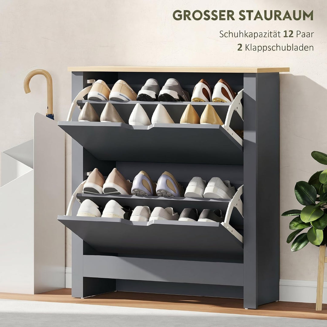 HOMCOM Schuhschrank mit 2 Klappen Schmal 72 x 26 x 80 cm Dunkelgrau | Schuhkipper mit verstellbar Tr