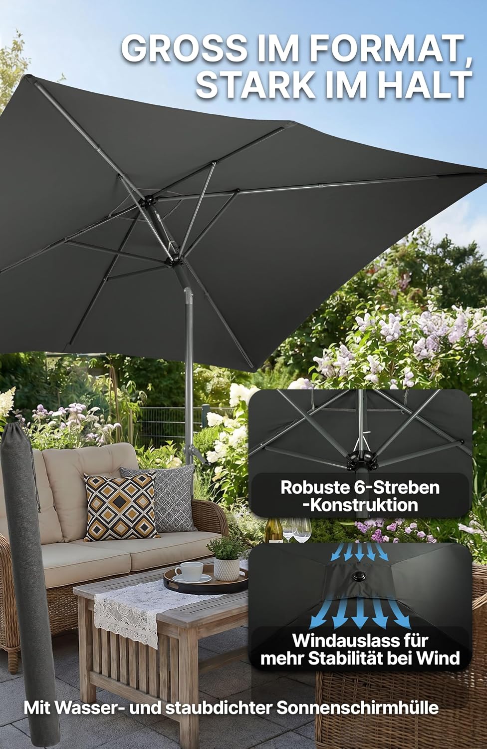 4smile Sonnenschirm Balkon mit Kurbel, Sonnenschirm rechteckig 300x200 cm | UV 50+ Sonnenschutz Balk