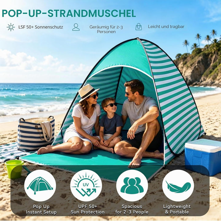 Pop Up Strandmuschel, Strandmuschel Pop Up Strandzelt, UV-Schutz 50+, geeignet für 2-3 Personen, ink