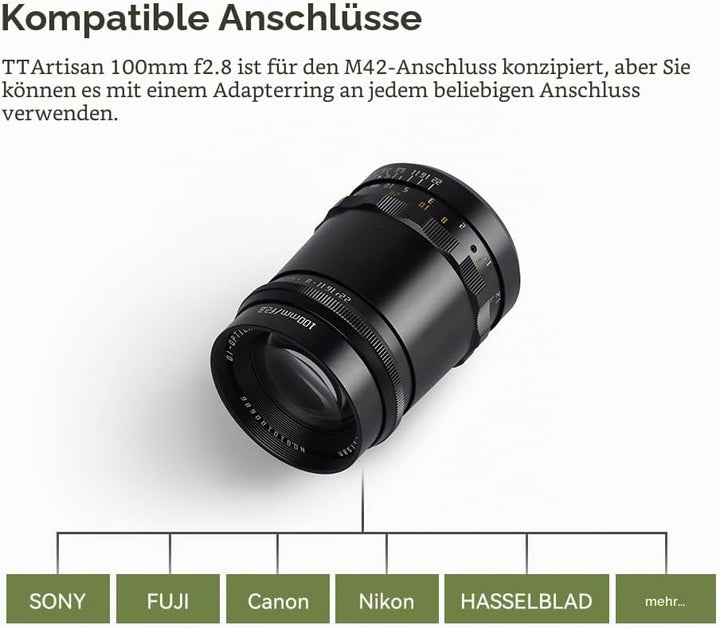 TTartisan 100mm F2.8 Vollformat-Seifenblasen-Bokeh-Objektiv, kompatibel mit M42-Mount-Kameras