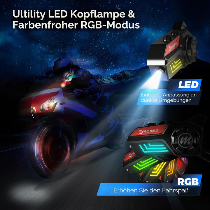 Moman Motorrad Helm Headset, H4S mit【LED Scheinwerfer & RGB】 Motorcycle Kopfhörer mit Knopf-Design A