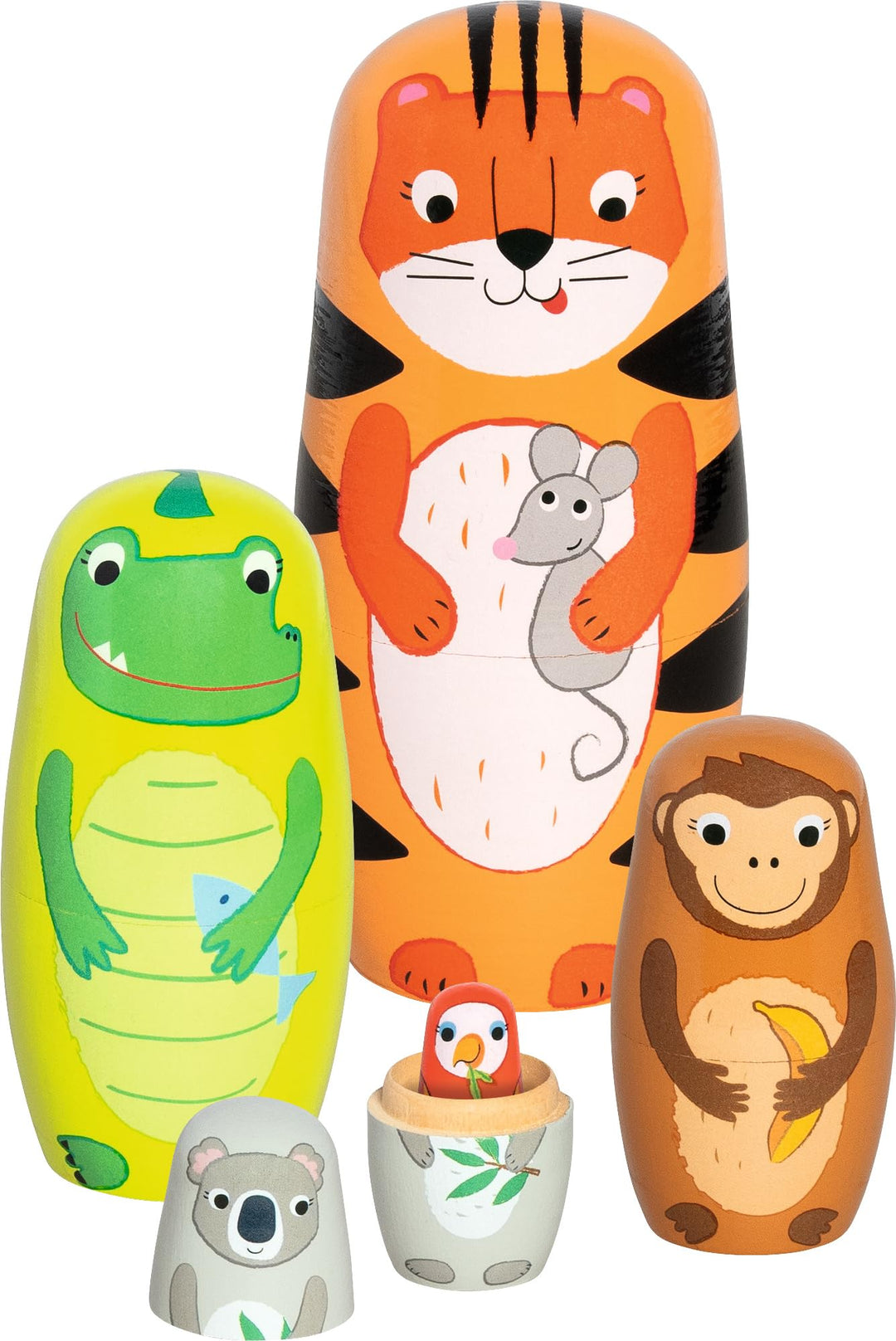 goki 60661 - Matroschka Puppen Tiger Tavi und Seine Freunde aus Holz, Tier-Stapelspiel Klassiker, Le