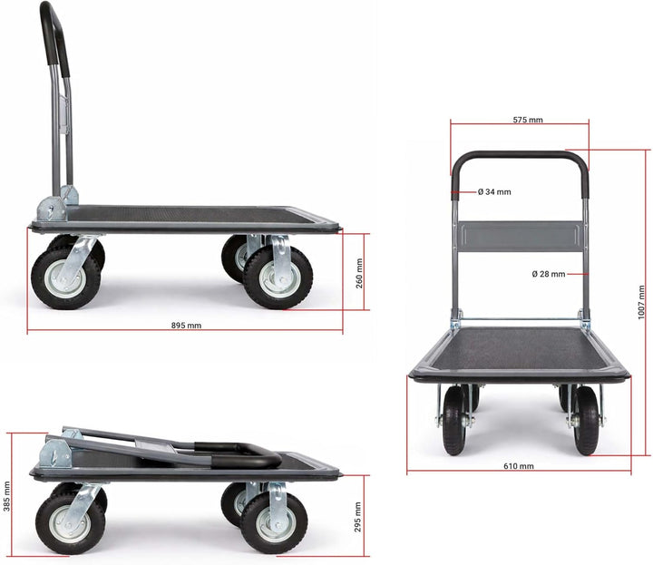 Plattformwagen bis 300 kg, Klappbar mit Luftreifen und Gummibezogener Ladefläche, Transportwagen mit