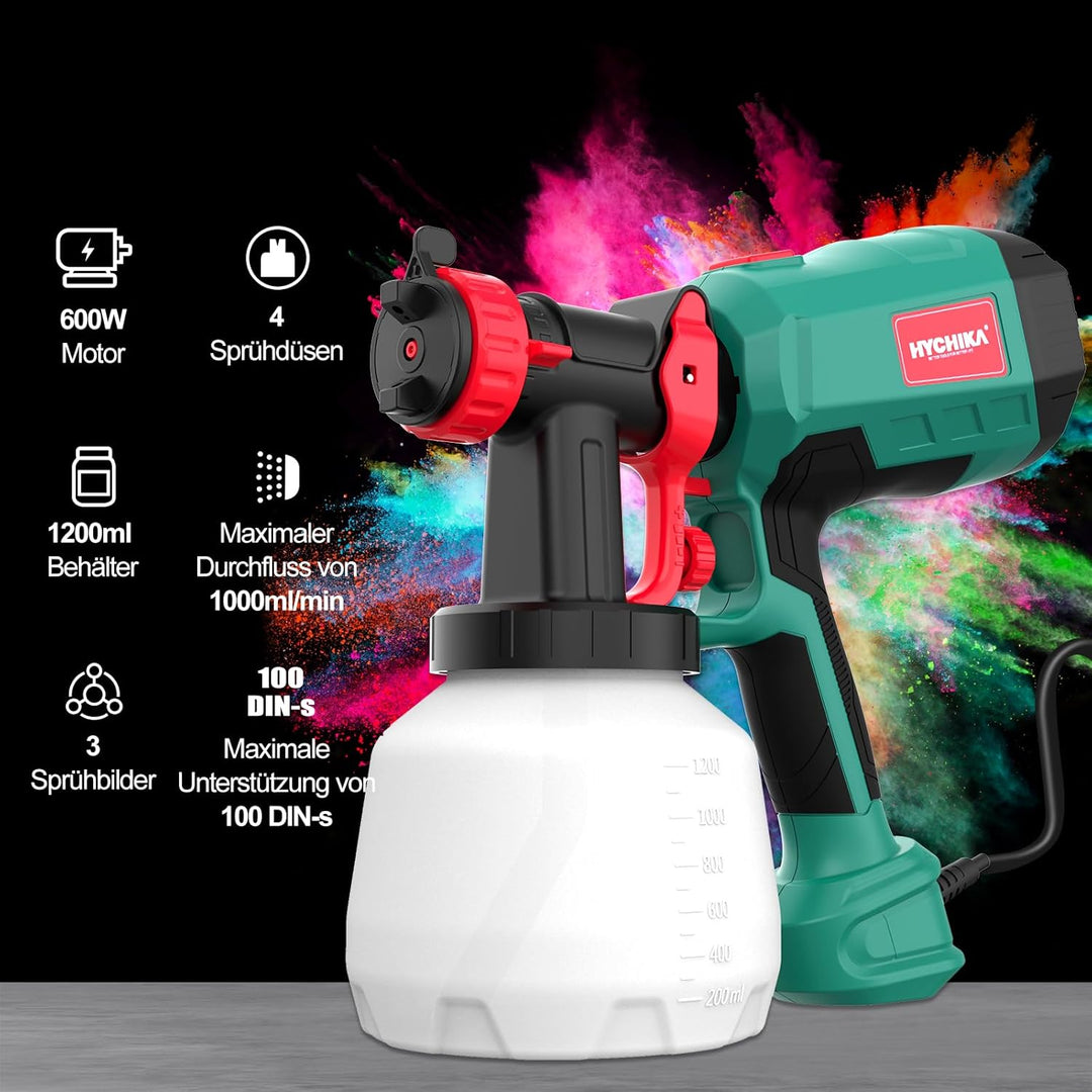HYCHIKA 600W Farbsprühsystem, 1200ML HVLP Farbsprühgerät, 3 Sprühmuster, 4 Düsen und 2 Reinigungswer