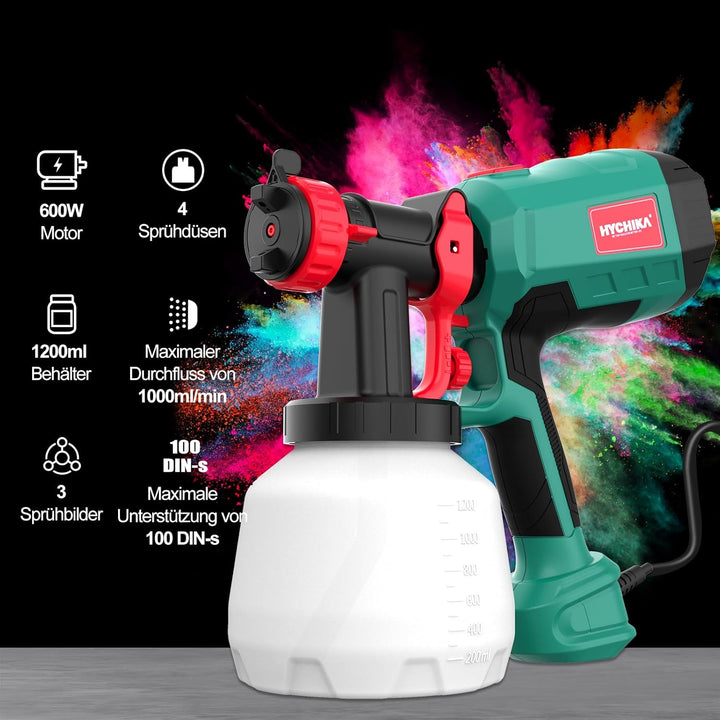 HYCHIKA 600W Farbsprühsystem, 1200ML HVLP Farbsprühgerät, 3 Sprühmuster, 4 Düsen und 2 Reinigungswer