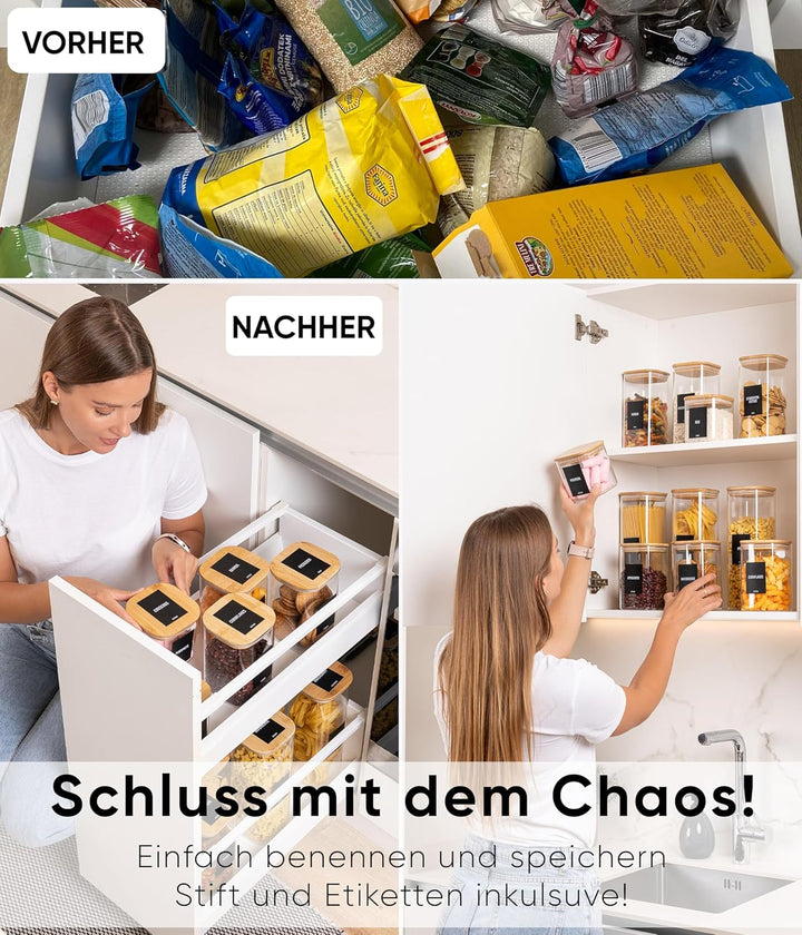 Deco haus® Spaghetti Aufbewahrung 3er Set Eckig - Vorratsgläser mit Deckel + Etiketten [LUFTDICHT] -