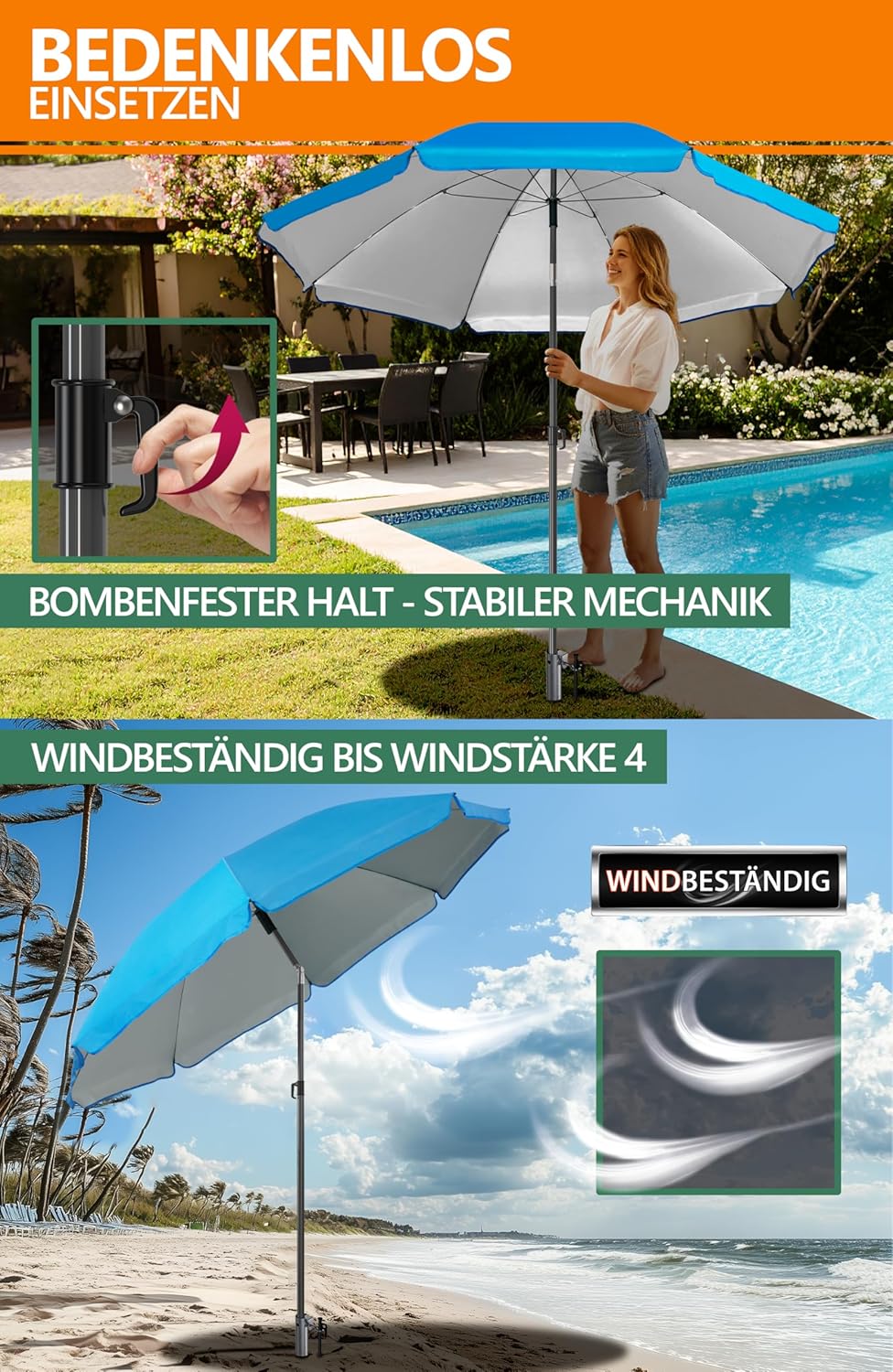4smile Sonnenschirm Strand 200 cm 3-IN-1-SET, Strandschirm windfest stabil + Schutzhülle + Eindrehbo