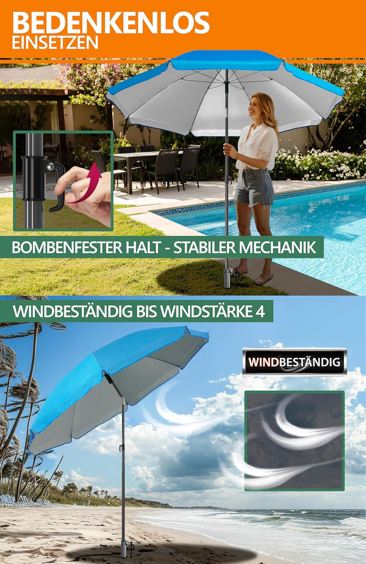 4smile Sonnenschirm Strand 200 cm 3-IN-1-SET, Strandschirm windfest stabil + Schutzhülle + Eindrehbo
