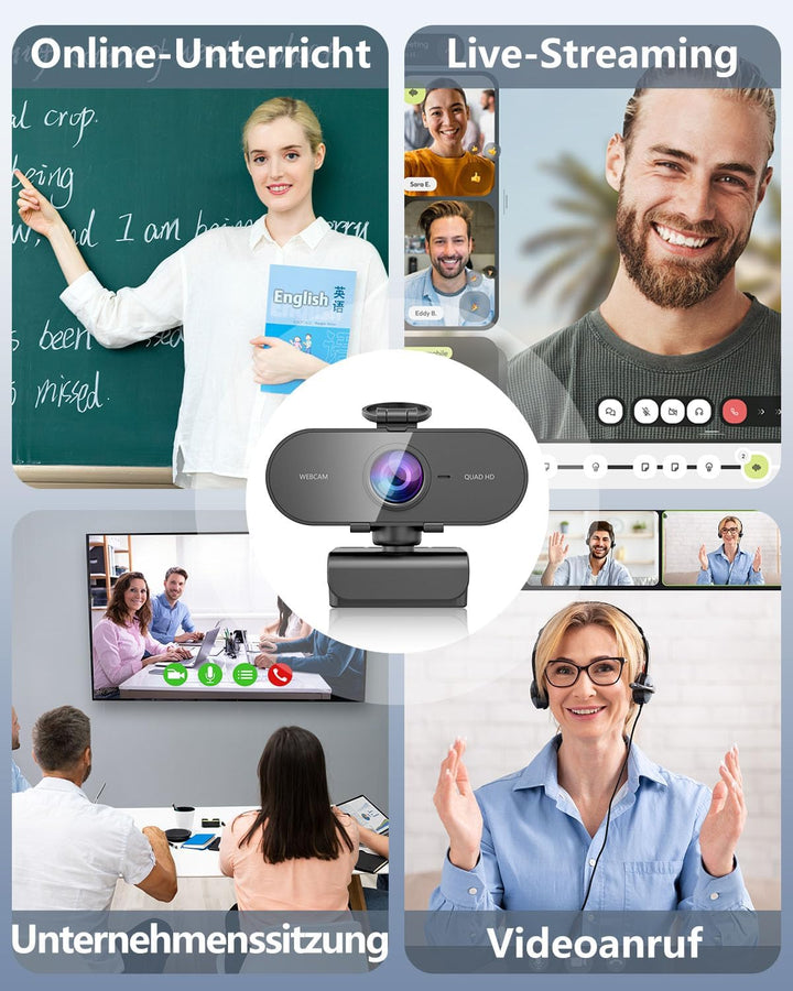DDKJ Webcam Full HD, 2K Webcam mit Mikrofon, Streaming Kamera Unterstützt 360° horizontale Drehung,