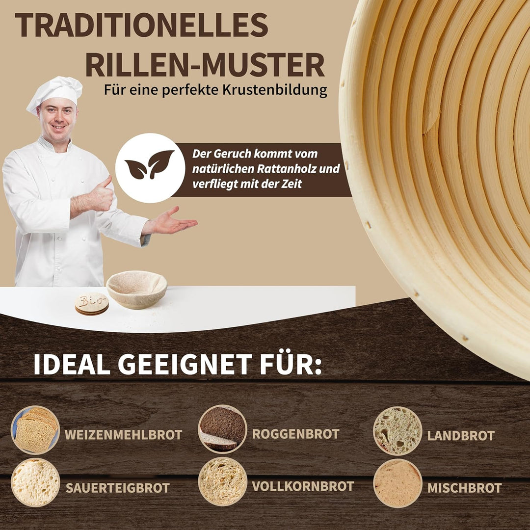 YUKA Profi Gärkörbchen rund für Brot 23cm [NEU] - Gärkorb set mit 3 Brotmuster-Plättchen [inkl. wasc