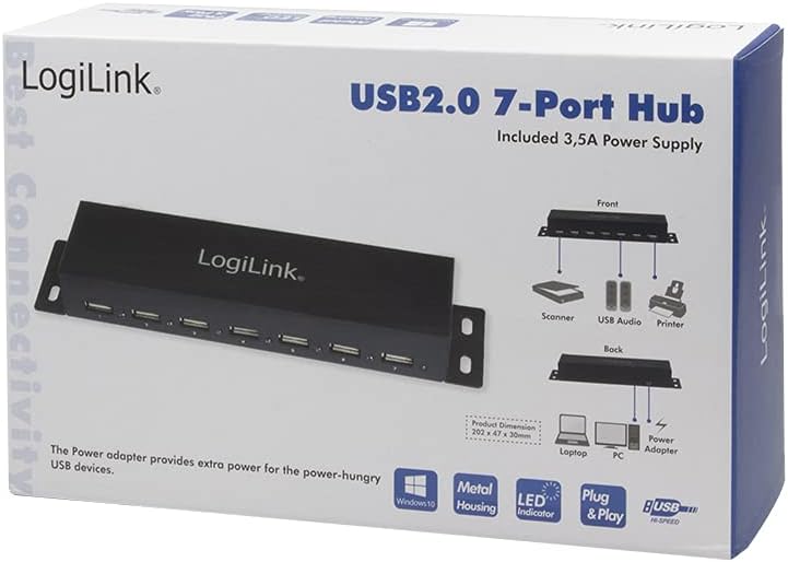 LogiLink UA0148 USB 2.0 HUB 7-port, incl. Power Display, Full Metal Housing Single, Single