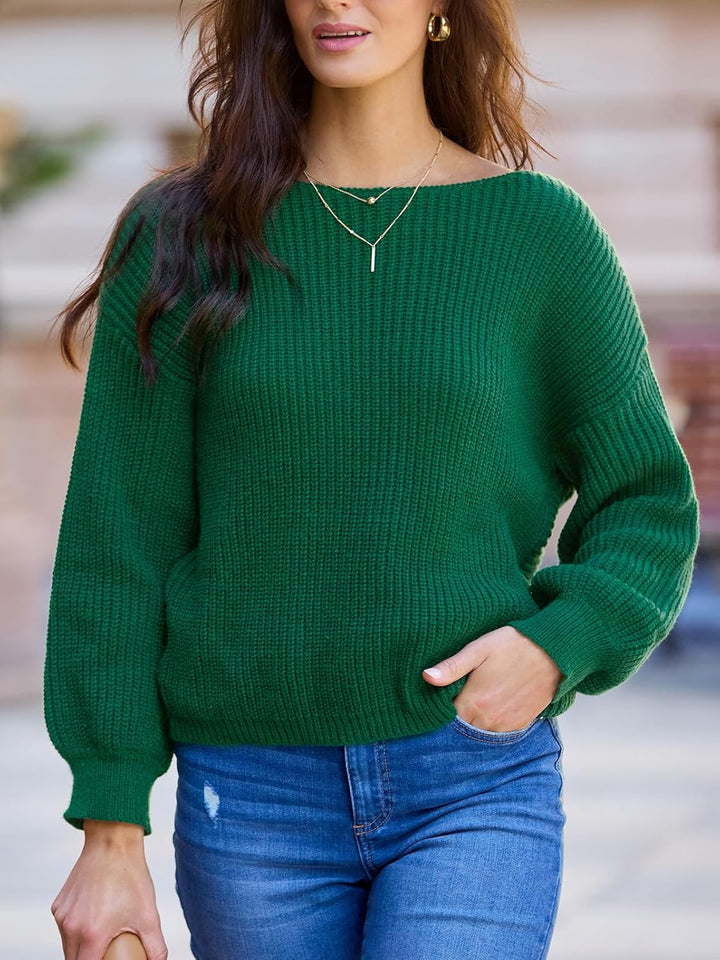 CUPSHE Damen Strickpullover Rundhals Langarm Twisted Rückenfrei Fledermausärmel Rippenstrick Pulli O