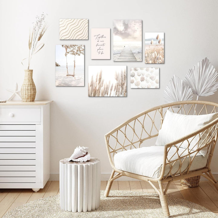 Novart Wandbilder Strand Meer Relax - KOMPLETT AUFHÄNGFERTIG - Beige Wohnzimmer Schlafzimmer- 7 Mode