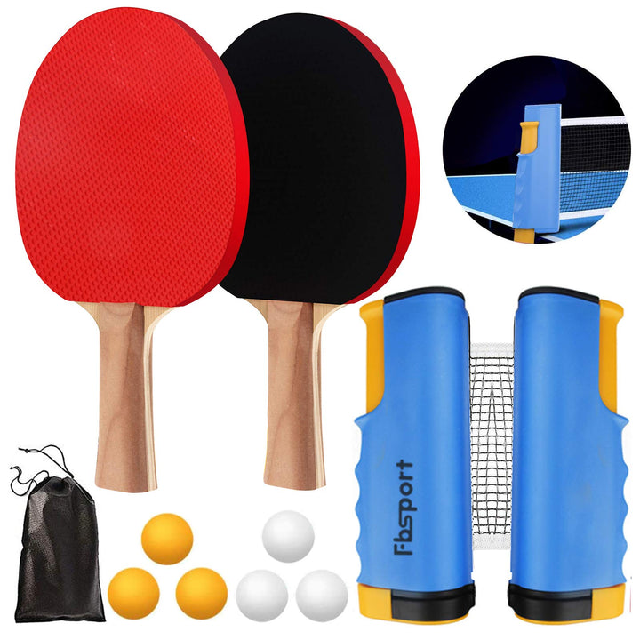 FBSPORT Tischtennis Set Profi, 2 Tischtennisschläger + Einziehbarem Netz + 6 Tischtennis-Bälle + 1 T