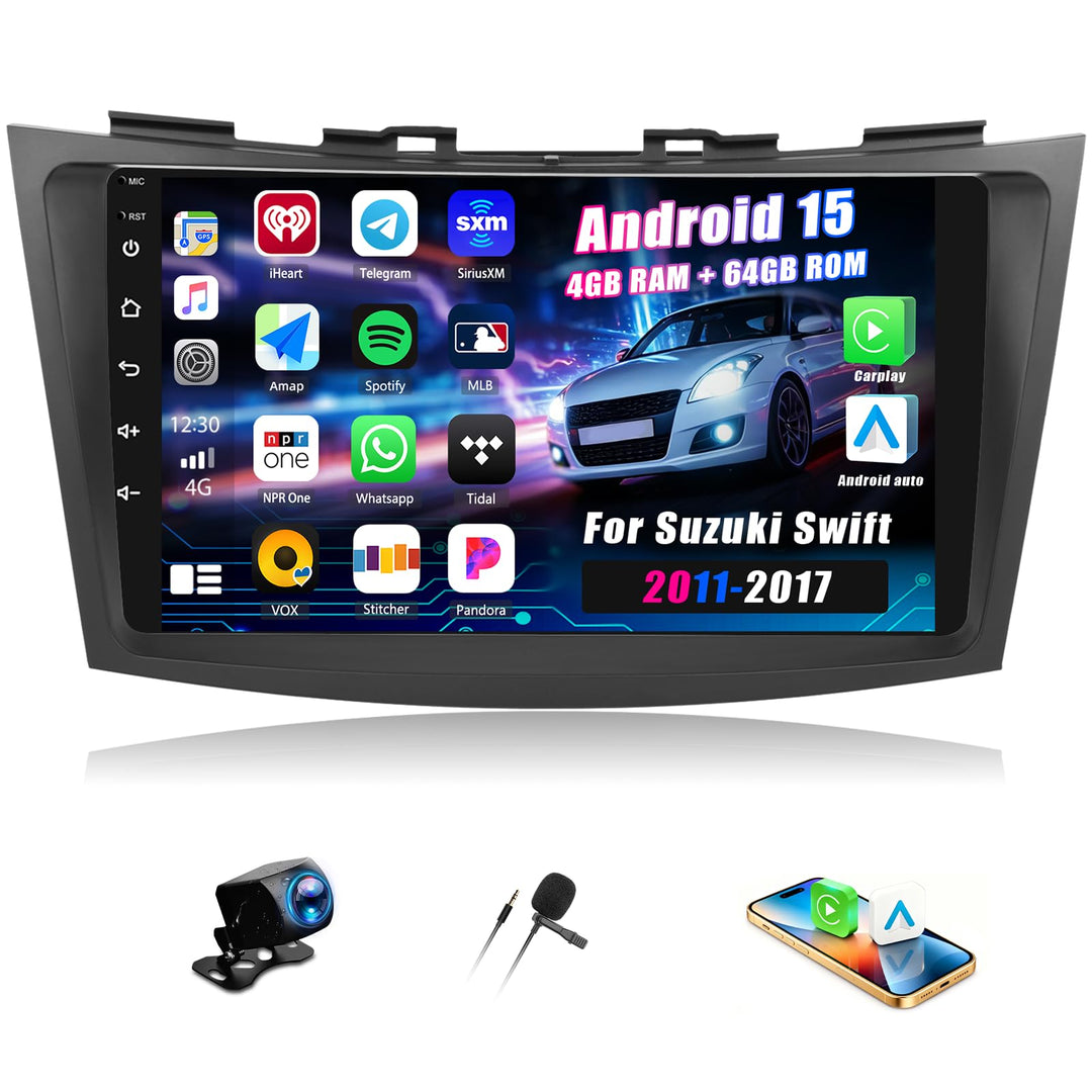 CAMECHO 4+64G 9 Zoll Navi Autoradio für Suzuki Swift 2011-2017 Android 15 mit Rückfahrkamera, Swift