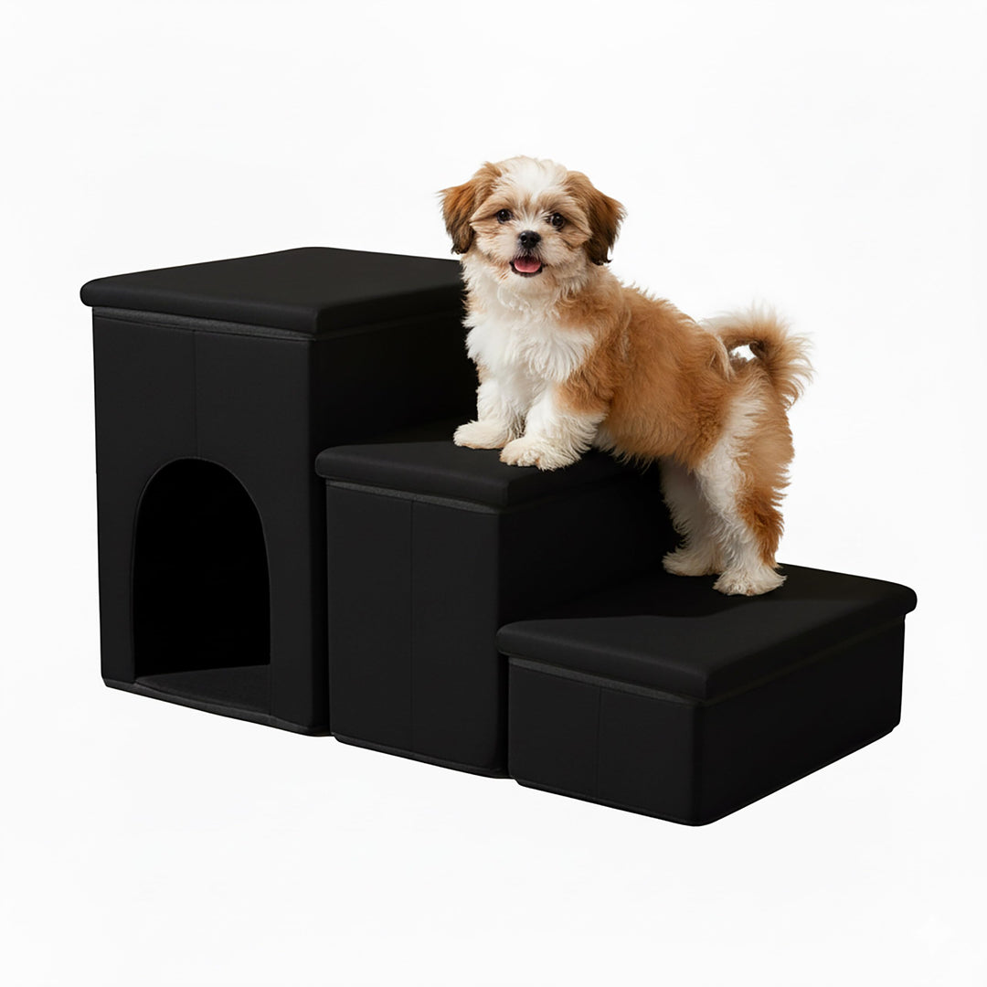 Relaxdays Hundetreppe, 3 Stufen, Höhle & Stauraum, HxBxT: 43 x 75 x 33 cm, faltbar, Hunderampe Bett