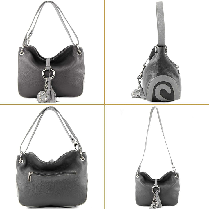 modamoda de - T10 - ital. Leder Schultertasche Umhängetasche Pastellblau/Dunkelbraun, Pastellblau/Du