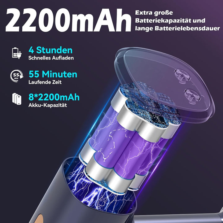 Akku Staubsauger 45KPa / 350W, Staubsauger Kabellos mit 4 × HEPA, V-förmige Anti-Tangle-Bürste, HEPA