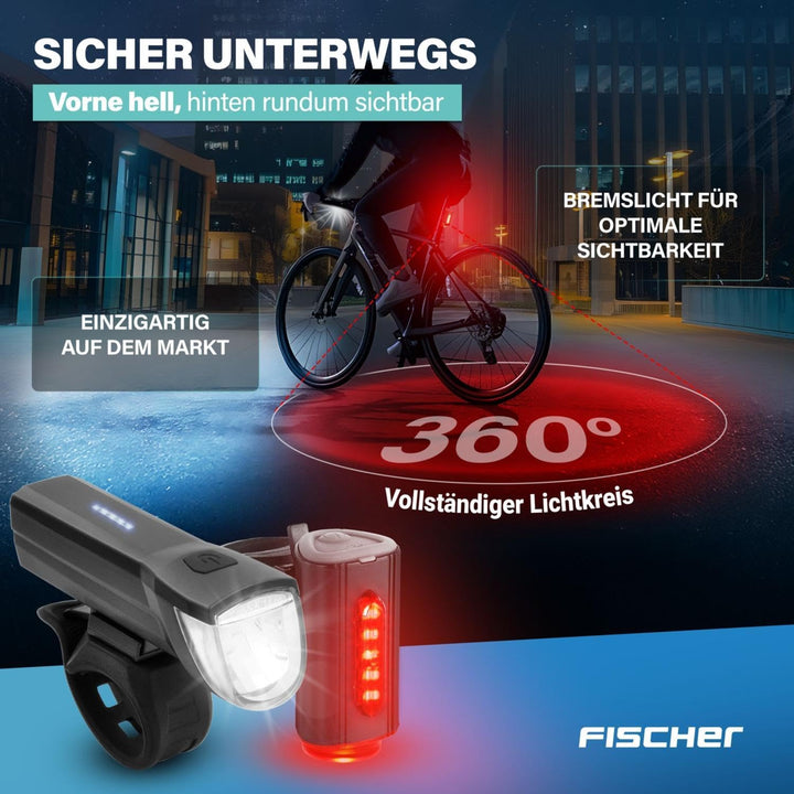 FISCHER Fahrrad-Beleuchtungsset 30/15 Lux, Akku-Leuchtenset TWIN, Front- und 360° Rückleuchte, mit A