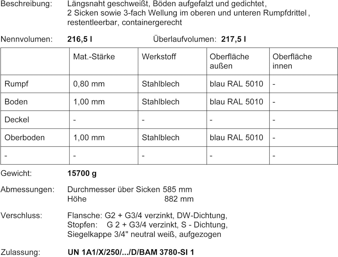 Maier Stahlfass Blechfass Spundfass Ölfass Deckelfass Metallfass, 216 Liter (blau)